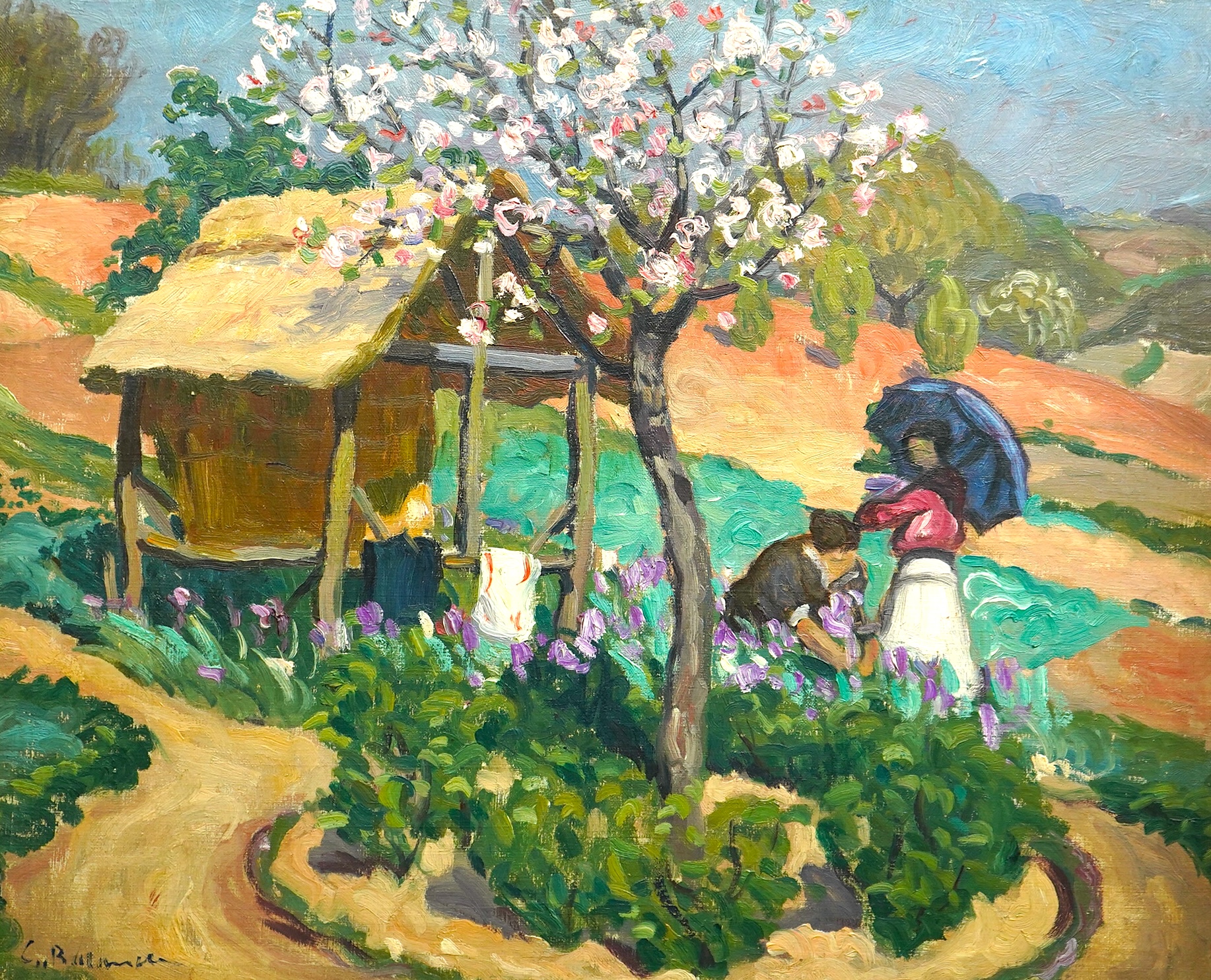 French School , Tulip pickers in a landscape, oil on canvas, 59 x 48cm